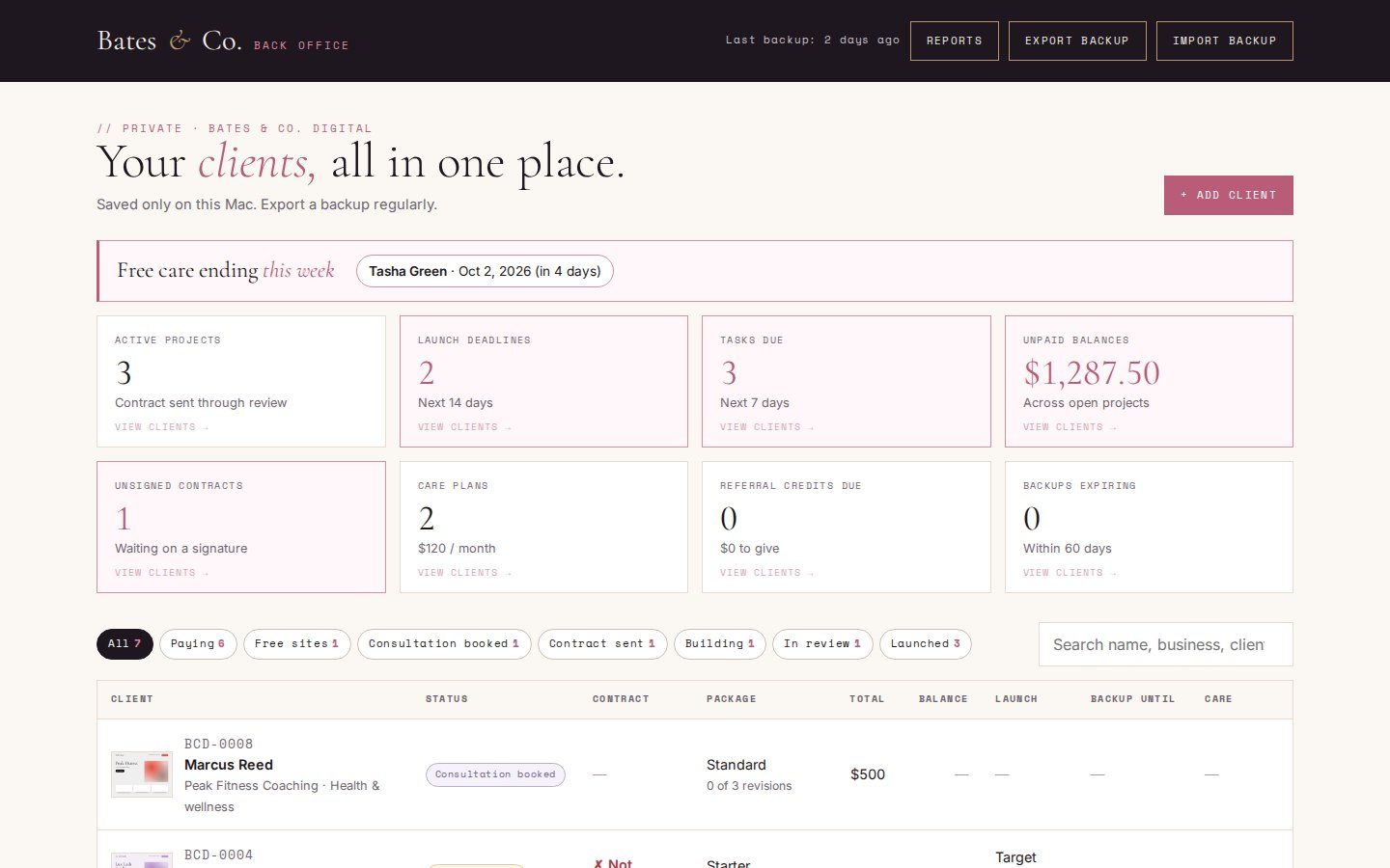 Back Office dashboard with demo clients