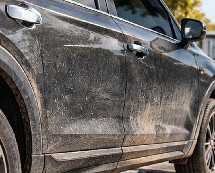 Side of a muddy black SUV, before
