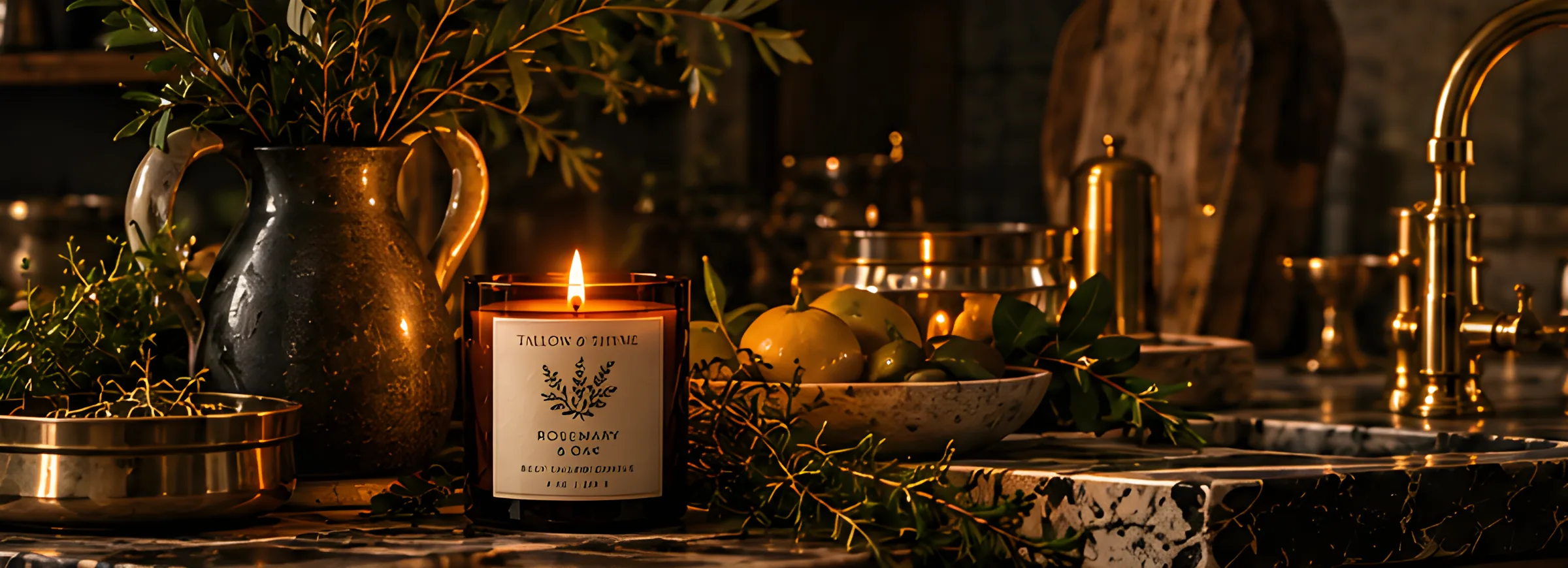 A lit Rosemary and Oak candle on a candlelit kitchen counter with brass, herbs, and a stoneware pitcher