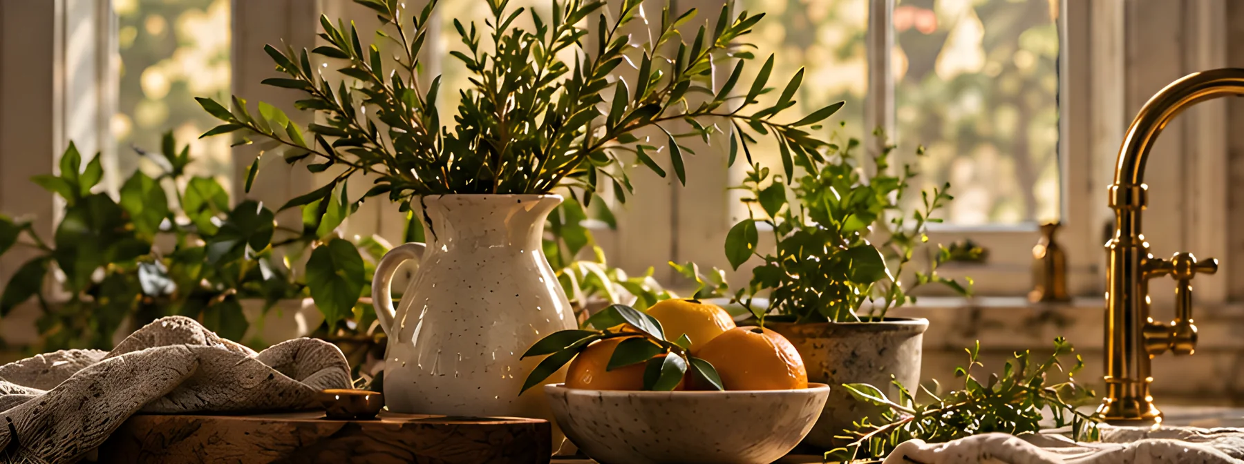 Fresh herbs in a cream pitcher on a sunny kitchen windowsill